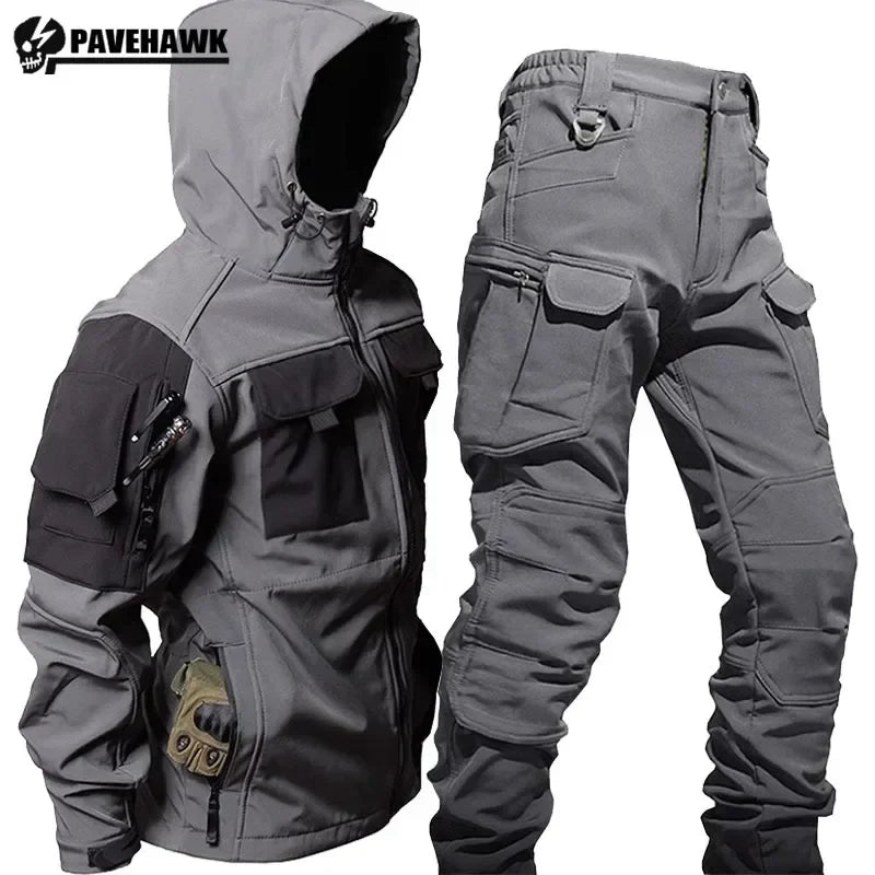 Mens Thicken Tactical Set Windproof Waterproof Outdoor Suit Soft Shell Multi-Pocket Hooded Jackets+Fleece Work Pants 2-piece