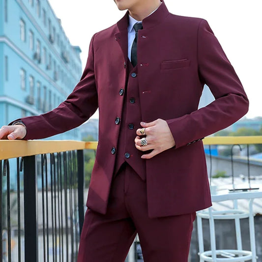 Men's Casual Boutique Solid Color Slim Suit Stand Up Collar 3 Piece Set Blazers Jacket Pants Coat Trousers Vest