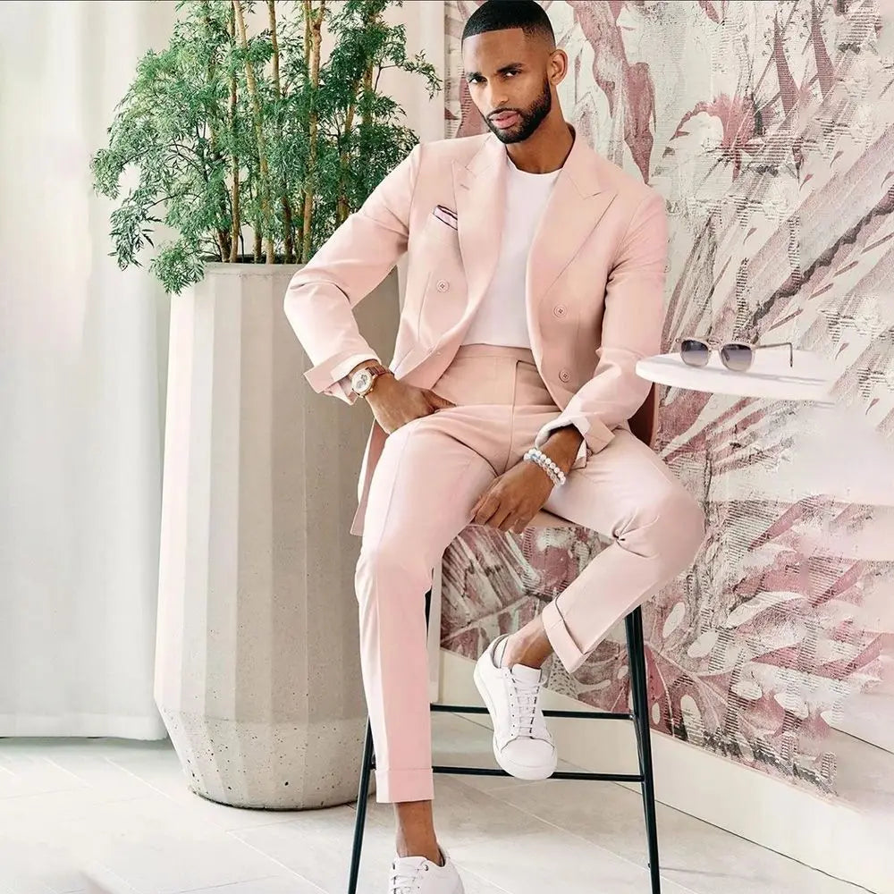 Tuxedo for Mens: Pink Men Suit Two Pieces (Jacket+Pants) Set Slim Fit Gentleman