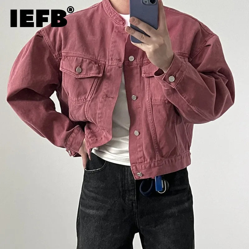 Fashion Men's Denim Jacket High Street Male Stand Collar Top Solid Color Short Coat