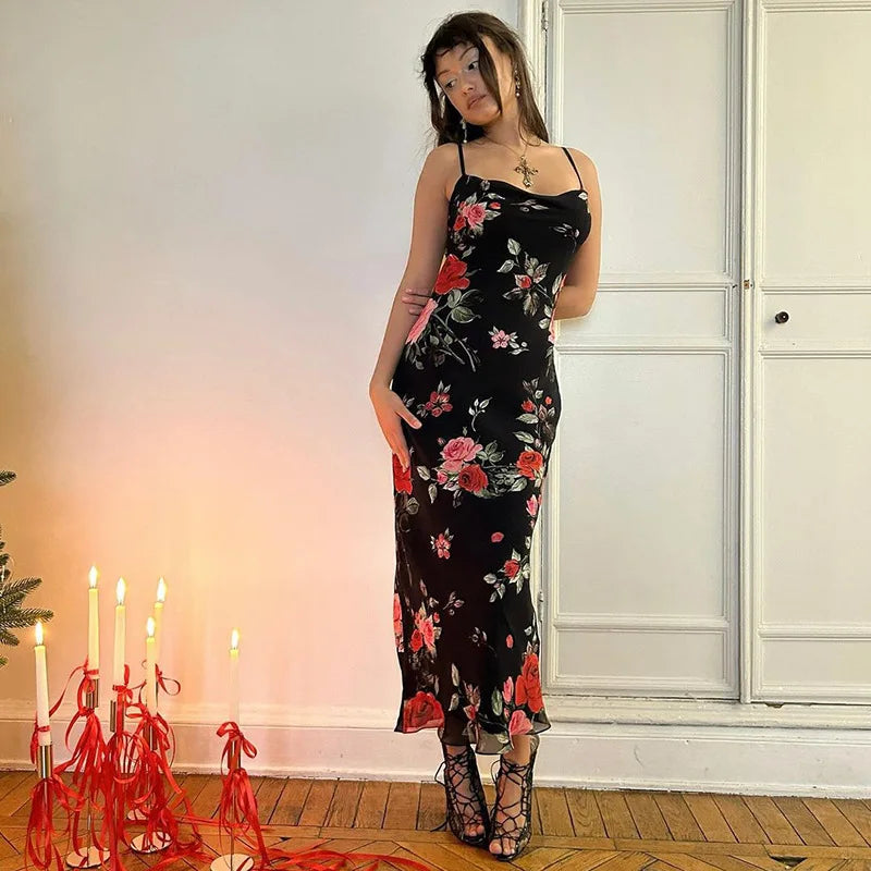 Flowers Print Spaghetti Strap Dresses Women Temperament Package Hip Bodycon Long Dress Fashion Sexy Backless Lady Slim Vestidos