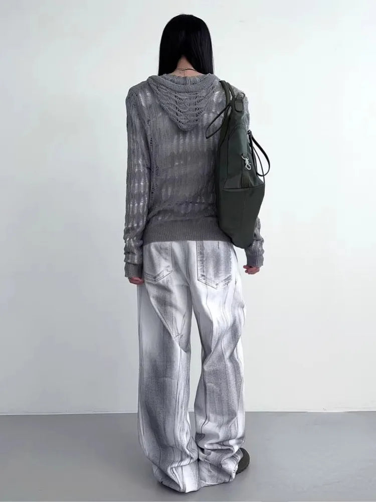 Deeptown Harajuku Zip Up Hooded Cardigan Women Japanese Y2k Style Hollow Crop
