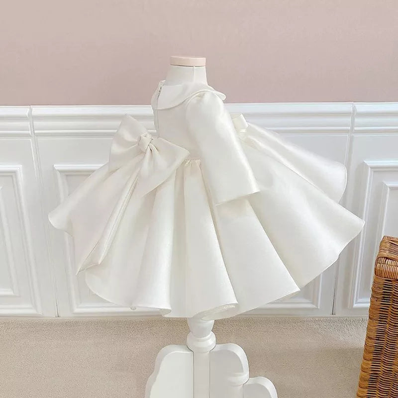 Baby Girl Princess Silk Peter Pan Collar Dress Long Sleeve Child Vintage Bow