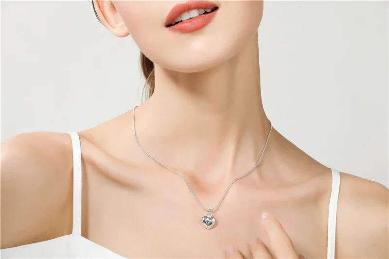 Silver Color Solid Small Heart Pendant Necklace 16-30 Inch Snake Chain For Women Wedding Charm Fashion Jewelry