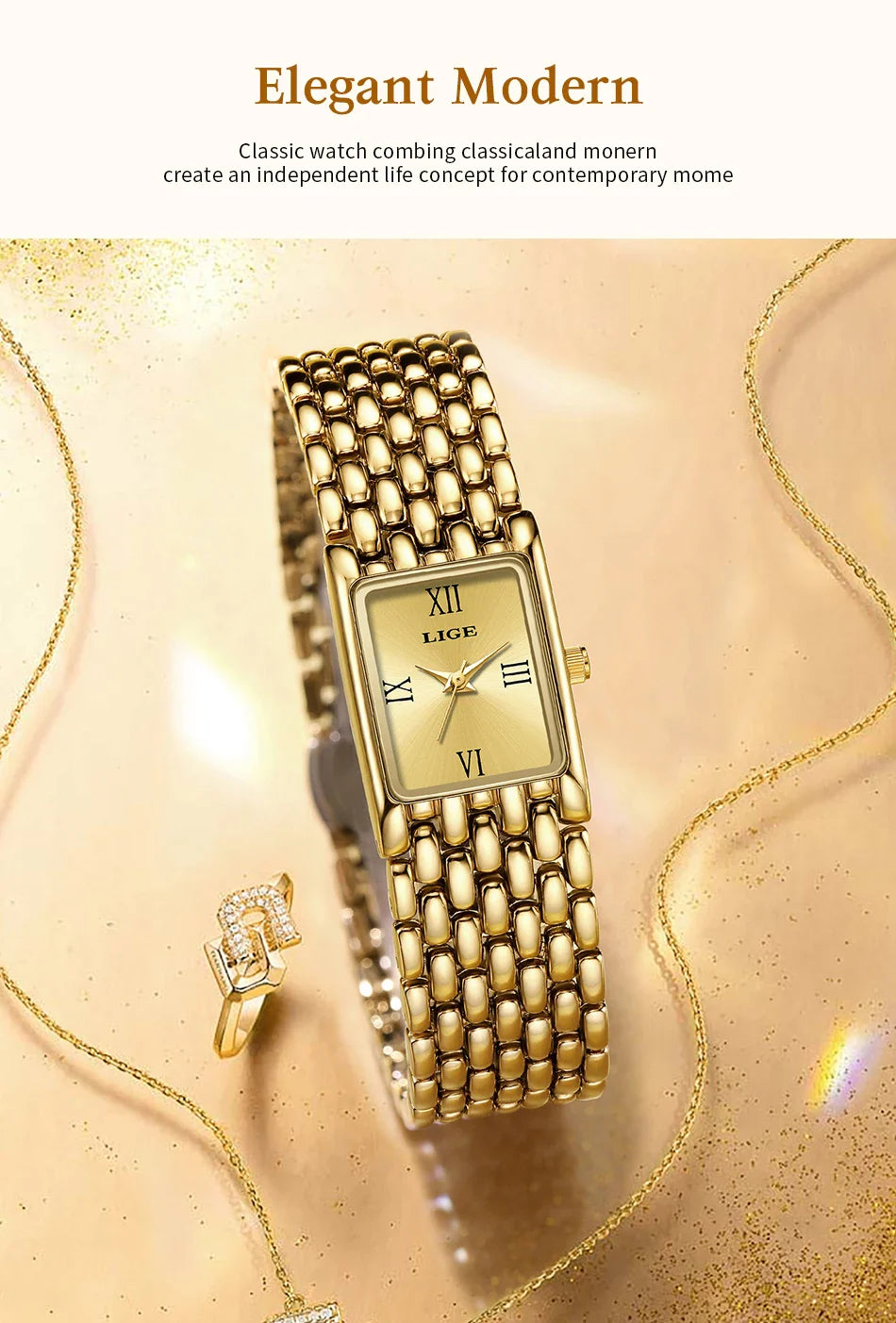 LIGE 2025 Fashion New Gold Women's Watch Luxury Quartz Watch Stainless Steel Bracelet Retro 30M Waterproof Watches Women reloj