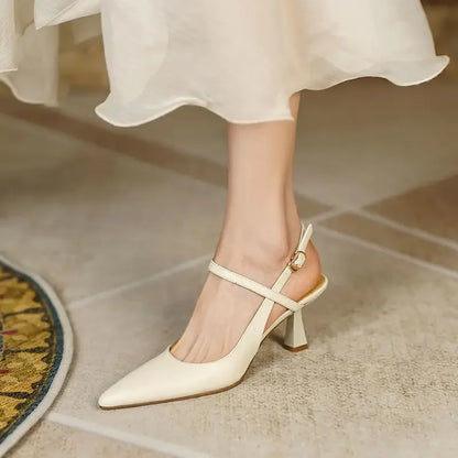 Summer 2024 Pointed Toe White Pumps Heeled High Heels Footwear Buckles Ladies Shoes Beige Sandals for Women H Korea Comfort Sale