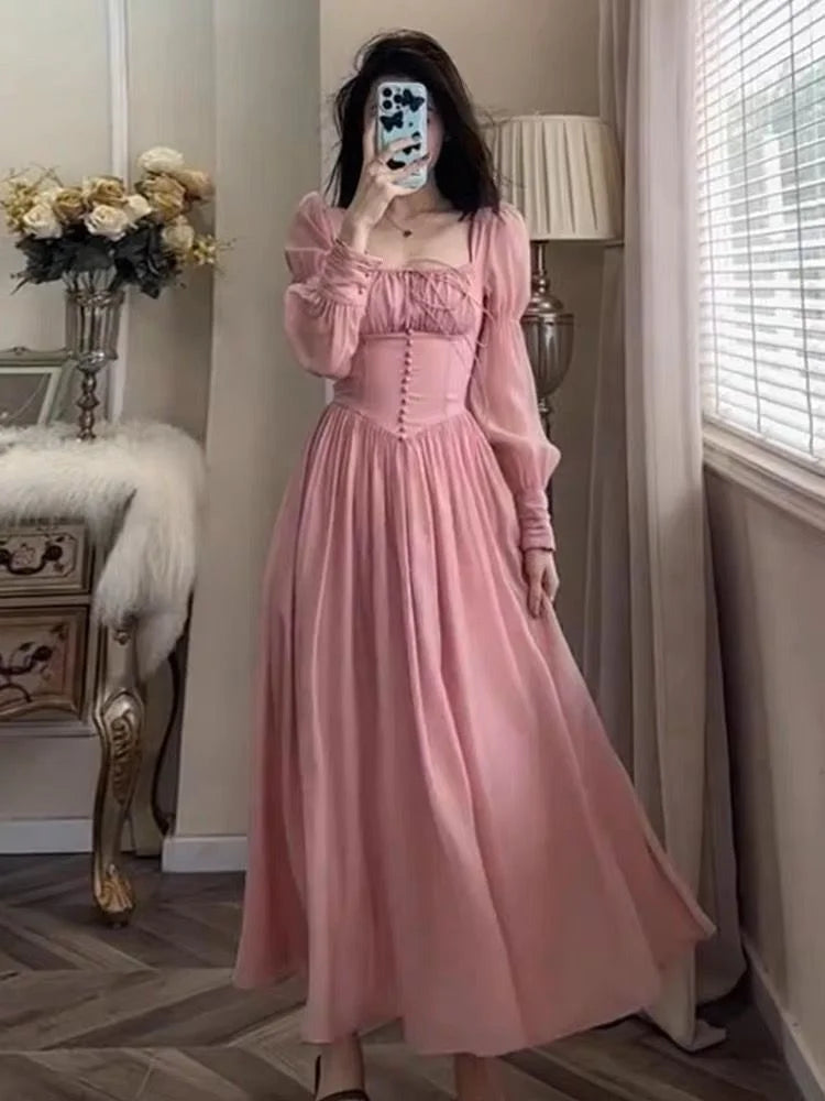 Evening Dresses: French Elegant Lantern Sleeve Lace Up Midi Dress