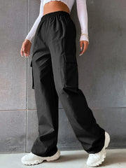 Women's Wide Leg Cargo Pants with Solid Flap Pockets and Loose Fit