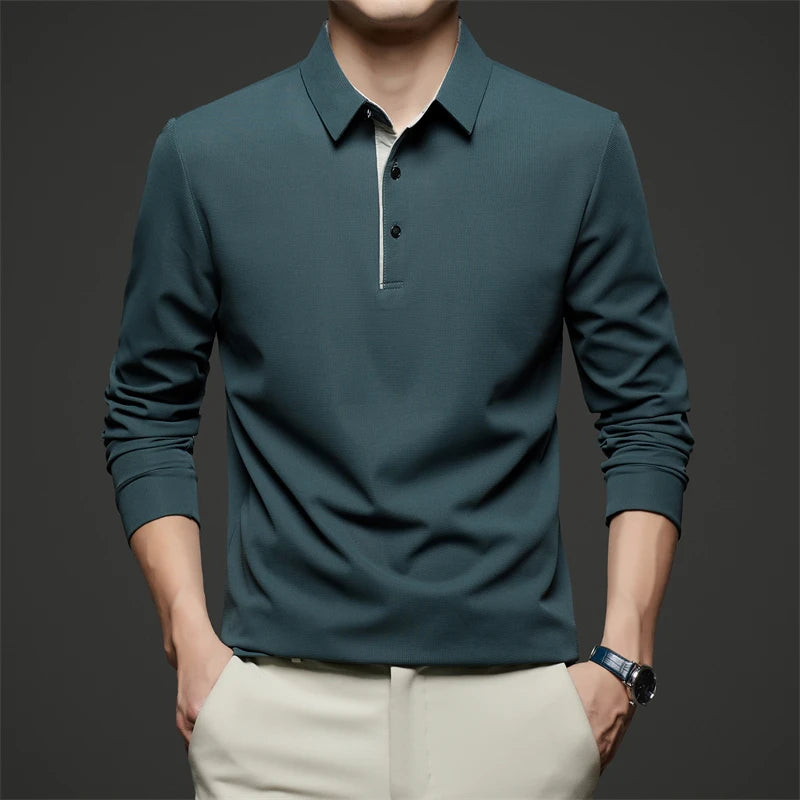 New Men's Business Casual  Long Sleeve Solid Color Polo Shirt Fashionable Warm Comfortable Four Seasons Versatile Top