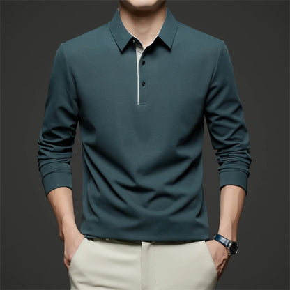 New Men's Business Casual  Long Sleeve Solid Color Polo Shirt Fashionable Warm Comfortable Four Seasons Versatile Top