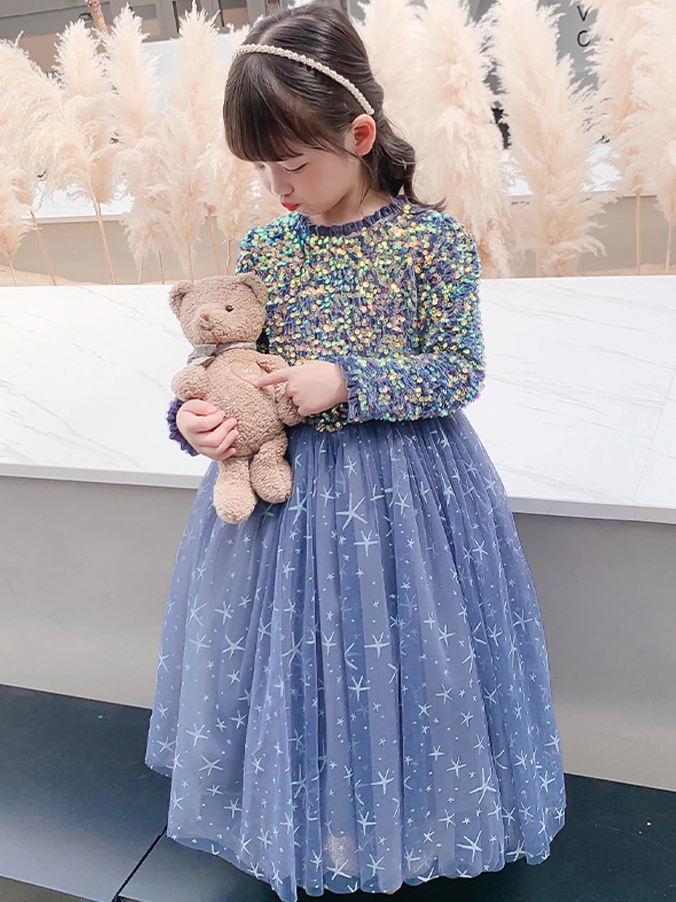 Baby Girls Elegant Unicorn Floral Graphic Print Mesh Gown Dress Clothes For Performance Party Gift Beaded luminescence
