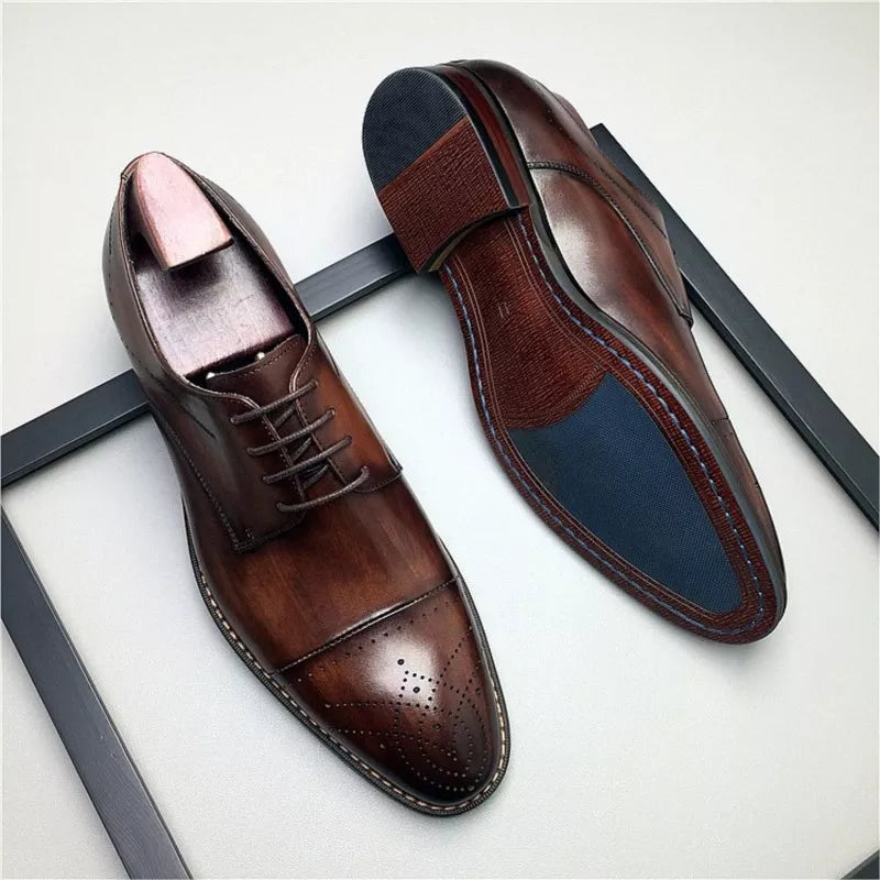 HKDQ brogue men wedding dress shoes fashion Genuine Leather Round head Lace up Business shoe formal Black brown color Party shoe