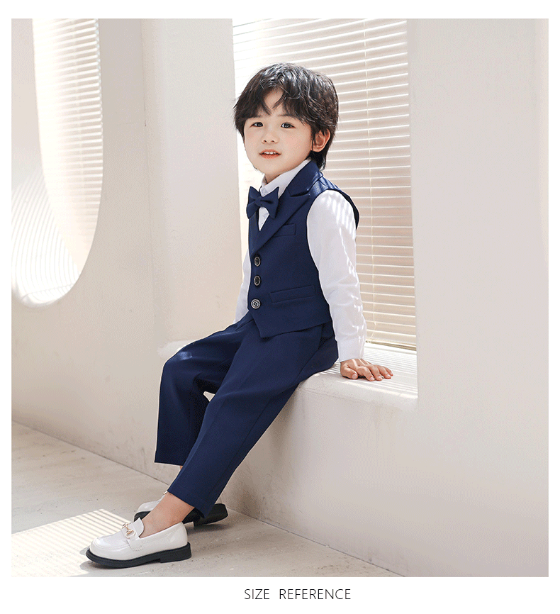 3Pcs Children Boys Black Blue Wedding Suit Teenager Kids Boy Piano Ceremony Tuxedo Suit Formal Vest Shirt Pants Bow Kid Boy Suit