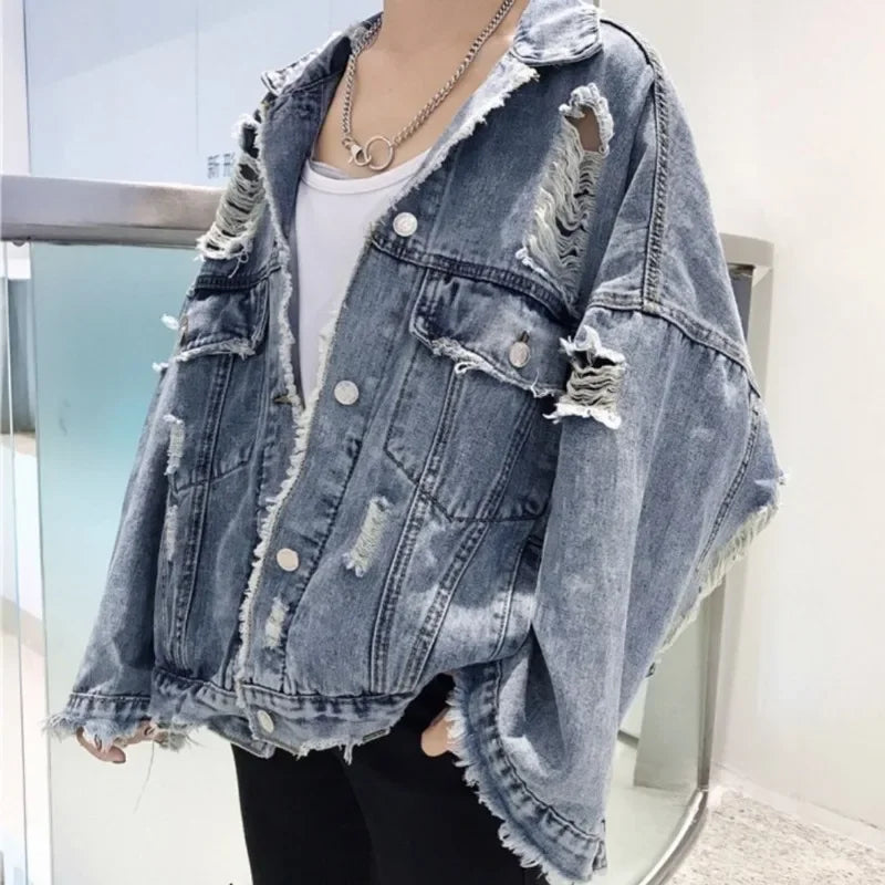 Fashion Blue Ripped Denim Jacket Y2K Distressed Streetwear Hip Hop Broken Hole Jeans