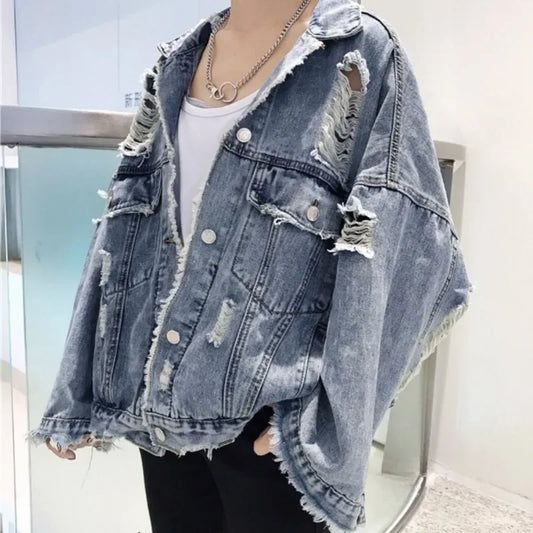 Fashion Blue Ripped Denim Jacket Y2K Distressed Streetwear Hip Hop Broken Hole Jeans