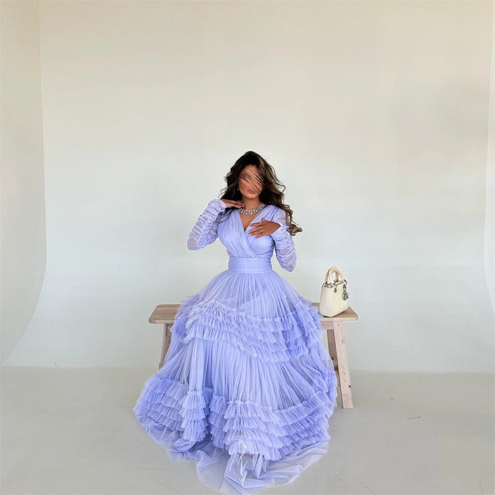 Homecoming Dresses: Prom Dress V Neck Long Sleeve Tulle Formal Occasion