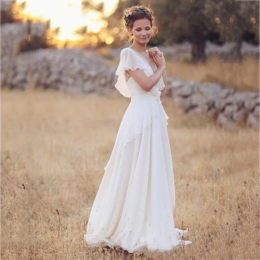 Boho V-Neck Wedding Dresses Chiffon A Line Short Sleeves Backless Floor Length