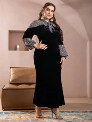 Women Plus Size Maxi Dresses Black Ladies Stand Collar Fishtail Dress