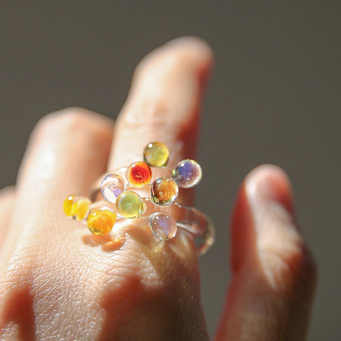 1pc Handcrafted Rainbow Glass Dewdrop Ring Colorful ball Ring Couple's Personalized High-end Round Ring Women Party Jewelry