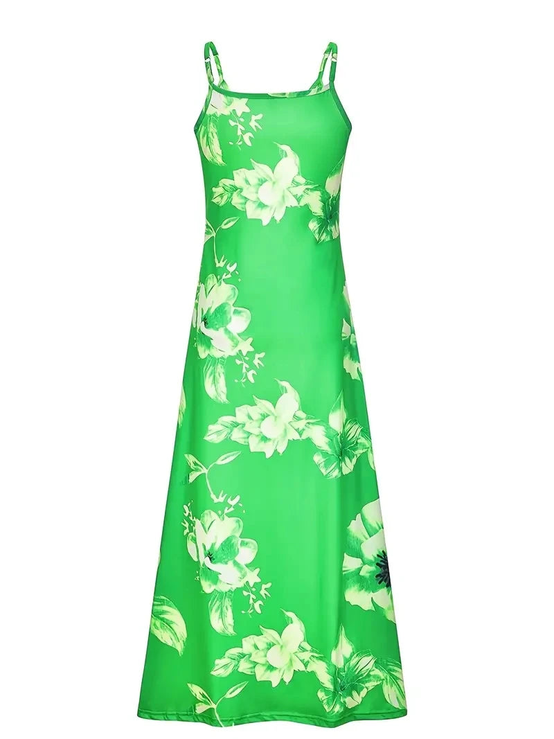 Plus Size Lady Spring Summer Dress Green Floral Print V-Neck Long Dresses Casual Bohemian Sleeveless Women Beach Party Dress2023
