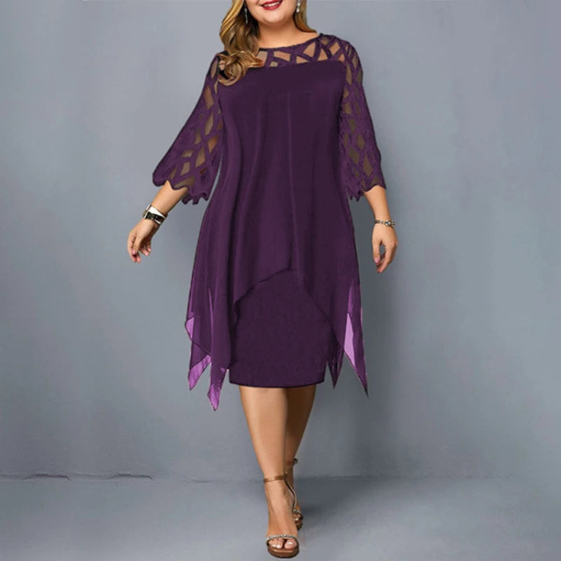 New Elegant Lace Mesh Plus Size Dresses Women Sexy Hollow Out Oversize Dress Loose Casual Vestidos De Fiesta Midi Robes Femme