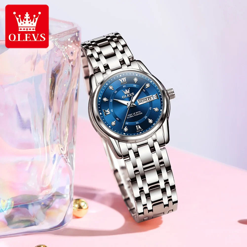 OLEVS 5513 Quartz Watch for Women Diamond Scale Dual Calendar Stainless Steel Strap Waterproof Watch Elegant Ladies Wristwatches