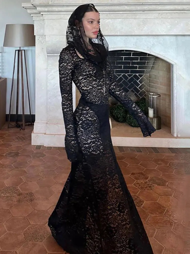 Formal attire Dresses: Square Neck Long Sleeve High Split Maxi Dress For Women