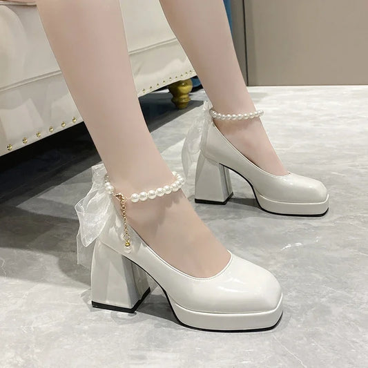 Ladies High Heels Elegant Bow Square Toe Black Fashion Women's Pumps Thick Heel Wedding Party Pearl Lace Wedding Shoes for Women
