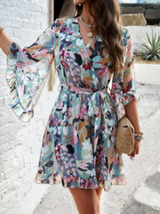 Floral Print Loose Summer Dress Ladies Elegant V-neck Ruffles Mini Dress Causal