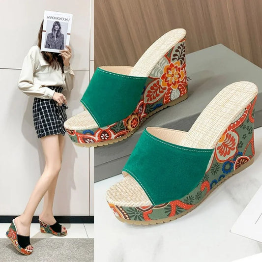New Summer Women Sandals Open Toe Shoes Ladies High Heel Thick Bottom Casual Wedge Shoes Retro Ethnic Style Print Slippers