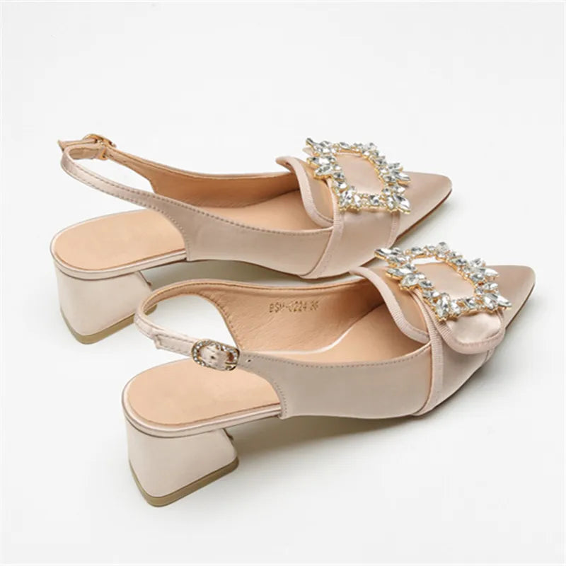 Women Pumps Pointed Toe Slingback Gladiator Sandals Rhinestone Chunky High Heel