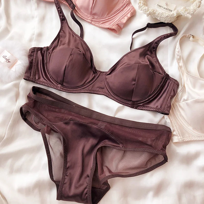 Women Ice Silk Comfort Underwear Small Breast Push Up Bra Set Detachable