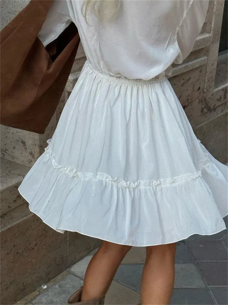 Talenza White Ruffle Bandage Mini Dress Women's Elegant Patchwork Long Sleeve Dress New Slim V Neck Lace Up Summer Mini Dress