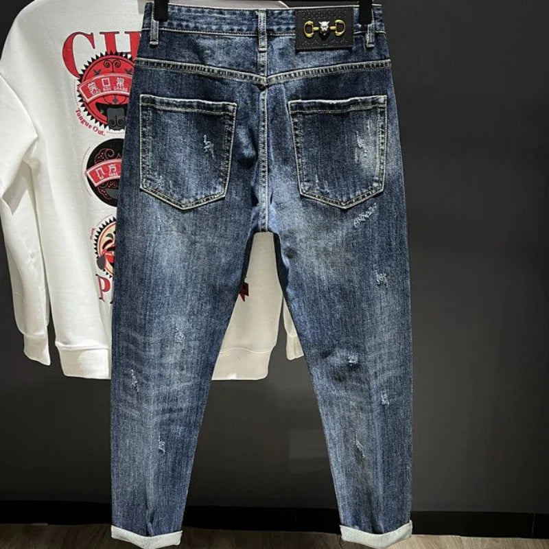 Men's Jeans Broken Tapered Torn with Print Trousers Graphic Retro Korean