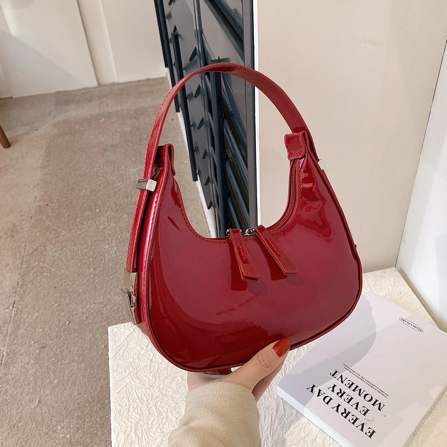 Women's Bag Patent Leather Tote Bag Fashion Shoulder Bag Versatile Crescent Bag