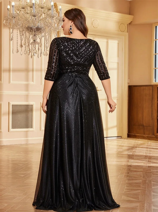 Plus Size Luxury Black Sequin V-Neck Evening Dress Floor Lenght Cocktail Dress