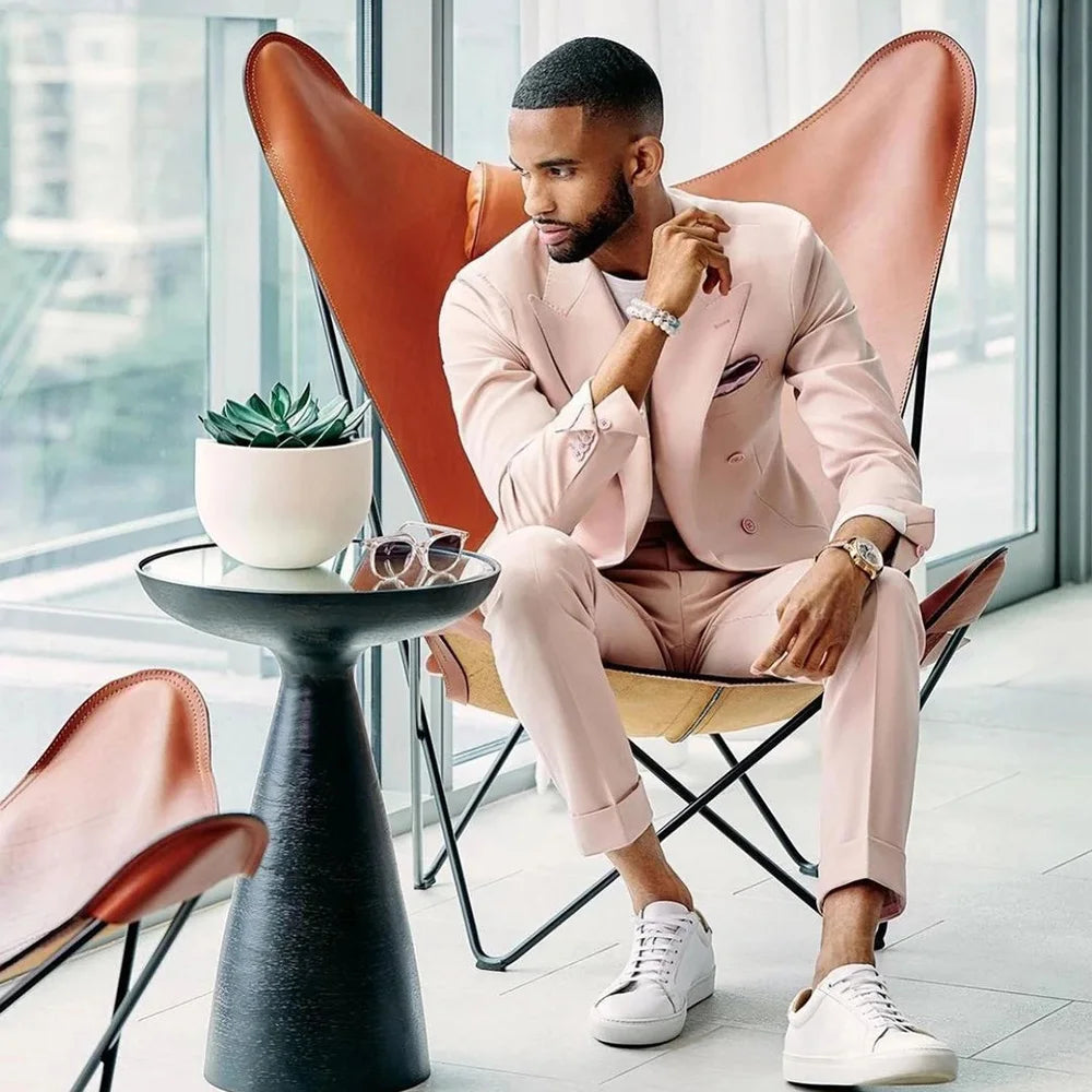 Tuxedo for Mens: Pink Men Suit Two Pieces (Jacket+Pants) Set Slim Fit Gentleman