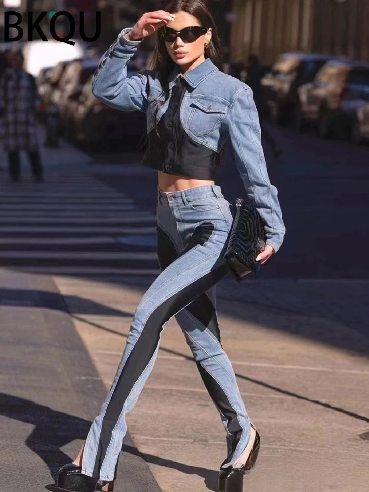Elastic Skinny Pencil Jeans Women Y2K High Waisted Contract Color