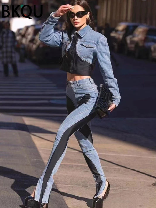 Elastic Skinny Pencil Jeans Women Y2K High Waisted Contract Color