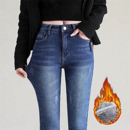 Women Thermal Jeans Winter Snow Warm Plush Stretch Jeans Lady Skinny Thicken Fleece Denim Long Pants Retro Blue Pencil Trousers