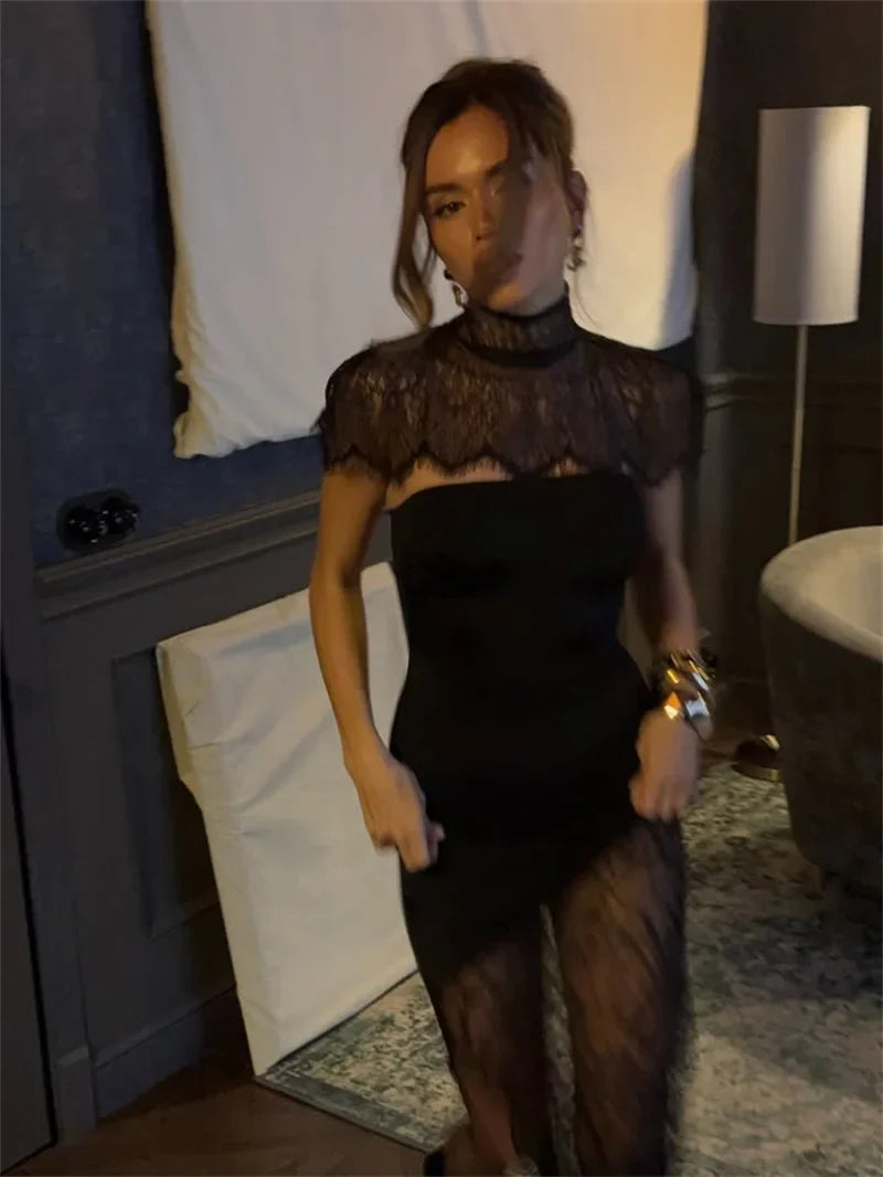 Mozision Lace Backless Sexy Mini Dress Women Gown Elegant See Through Turtleneck Sleeveless Bodycon Club Party Dresses Female