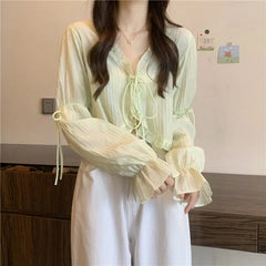 Sweet Ruffle Lace Up Cardigan Women Summer Long Sleeve Sunscreen Jacket