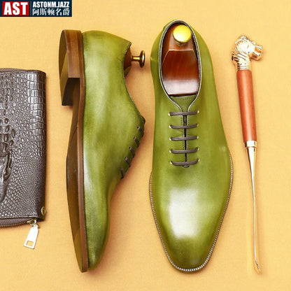 Men Mirror Face Oxfords Shoes Luxury Designer Formal Shoes Patent Leather Pointed Shoes Lace-Up Business Dress Green Mocasines