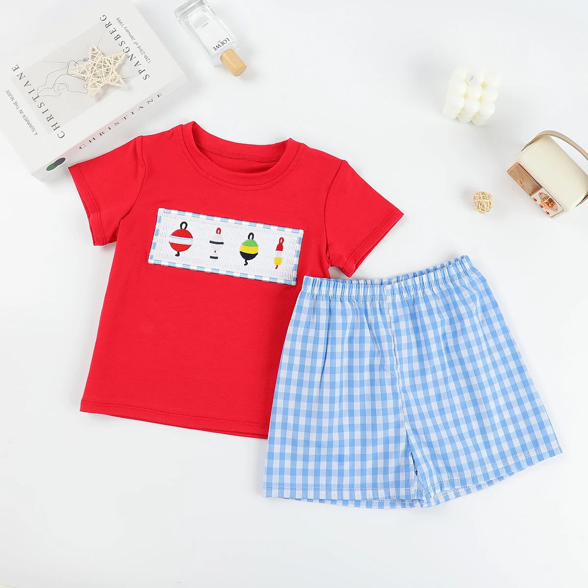 Boutique Smocked Fish Lure Embroidery Plaid Print Boys Clothing Sets Summer Short Sleeve Cotton Baby 2pcs Set Baby Clothes