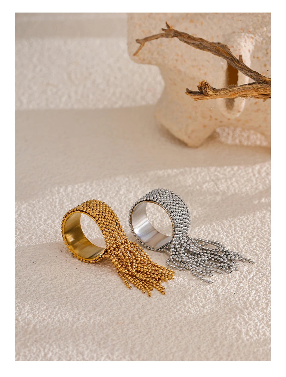 Statement Stainless Steel Chain Tassel Finger Ring Adjustable 18K PVD Plated