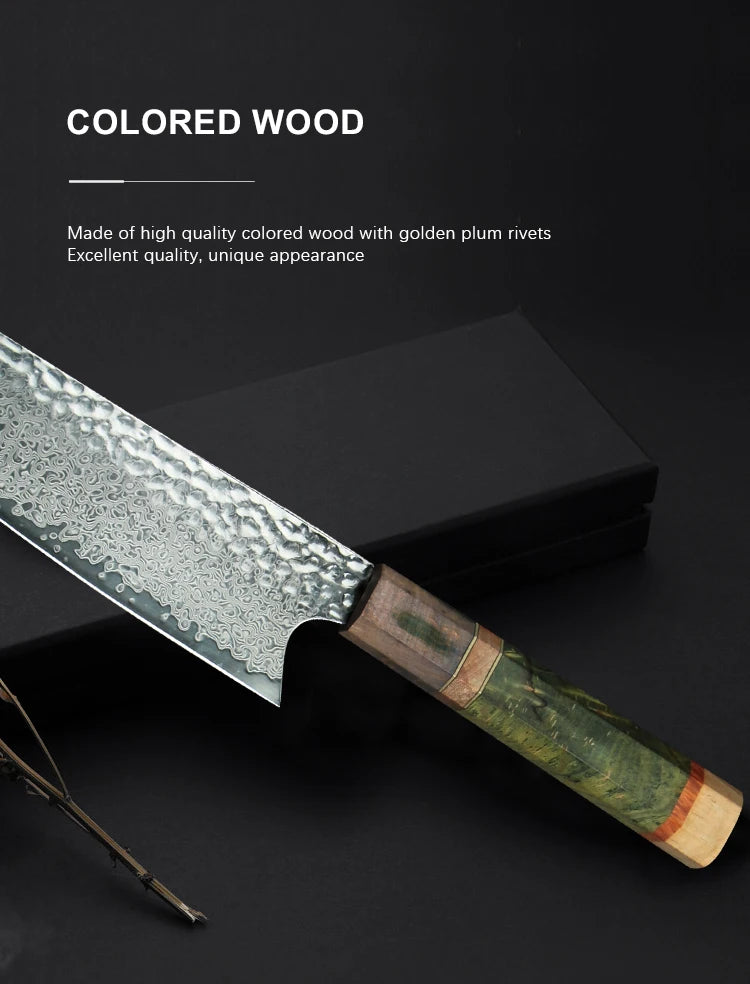 Damascus Chef Knife 8 Inch  Vg10 Japanese Knife Stabilized Colored Wood Handle