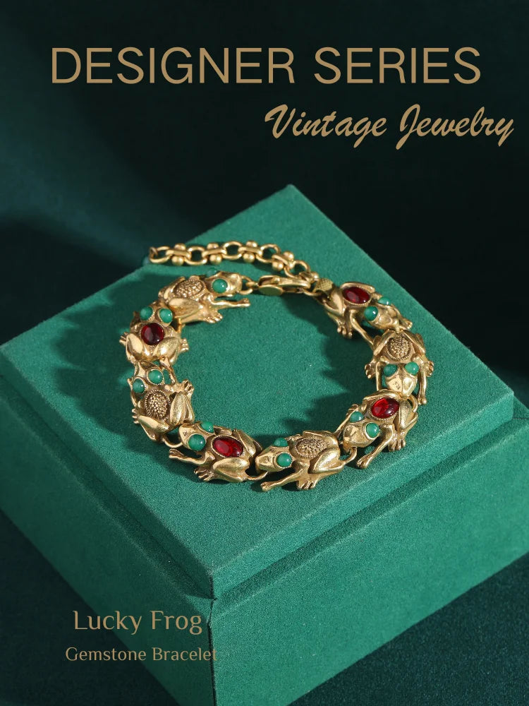 Vintage Adjustable Frog Charm Bracelet with Natural Stone Eyes - 18K Gold Plated Unique Jewelry for Women