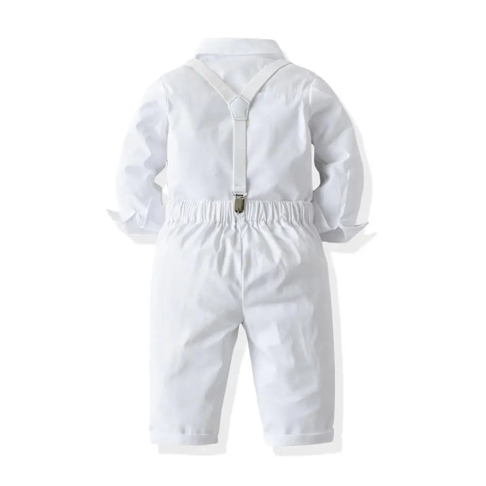 White Toddler Boys Suit Gentleman Clothes Baptism Dress Shirt Bib Pants Solid Party Wedding Handsome Kid Clothing 1-6Y Outfit