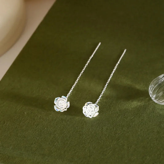Minimalism Romantic Sterling Silver Rose Flower Pendant Ear Thread Versatile Girl Commuting Dangle Earrings Temperament Jewelry
