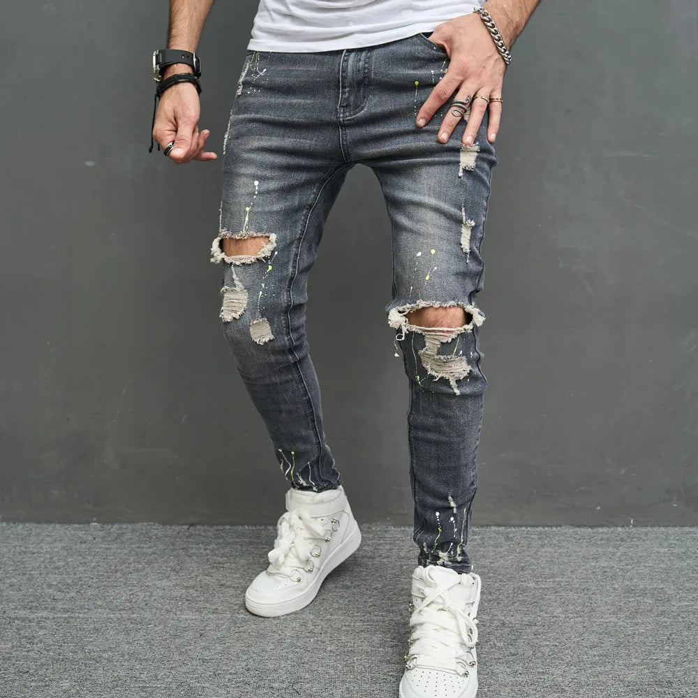 Men Stylish Ripped Skinny Pencil Jeans Pants Streetwear Male Hip Hop Holes